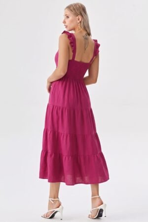 Vestido Midi Rosa com Lastex e Babados Românticos
