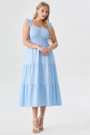 Vestido Midi Azul com Lastex e Babados Românticos