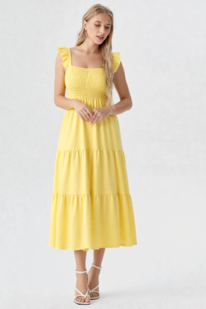 Vestido Midi amarelo com Lastex e Babados Românticos