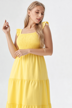 Vestido Midi amarelo com Lastex e Babados Românticos