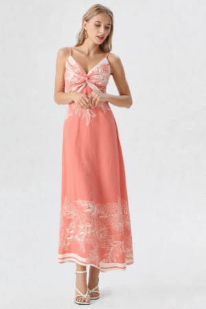 Vestido Midi Floral Coral com Decote Torcido